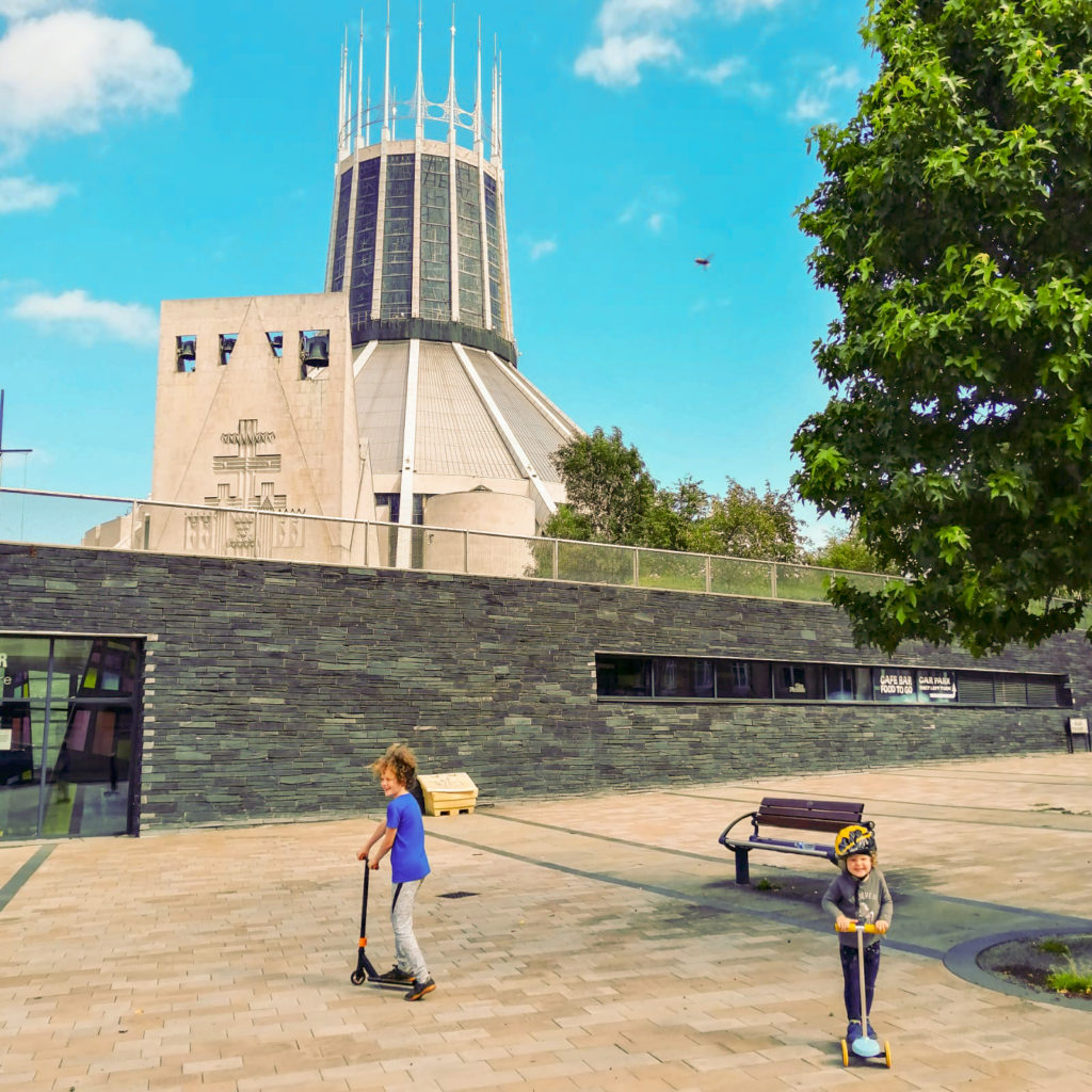 Children in front of Liverpool Metropolitan Cathedral