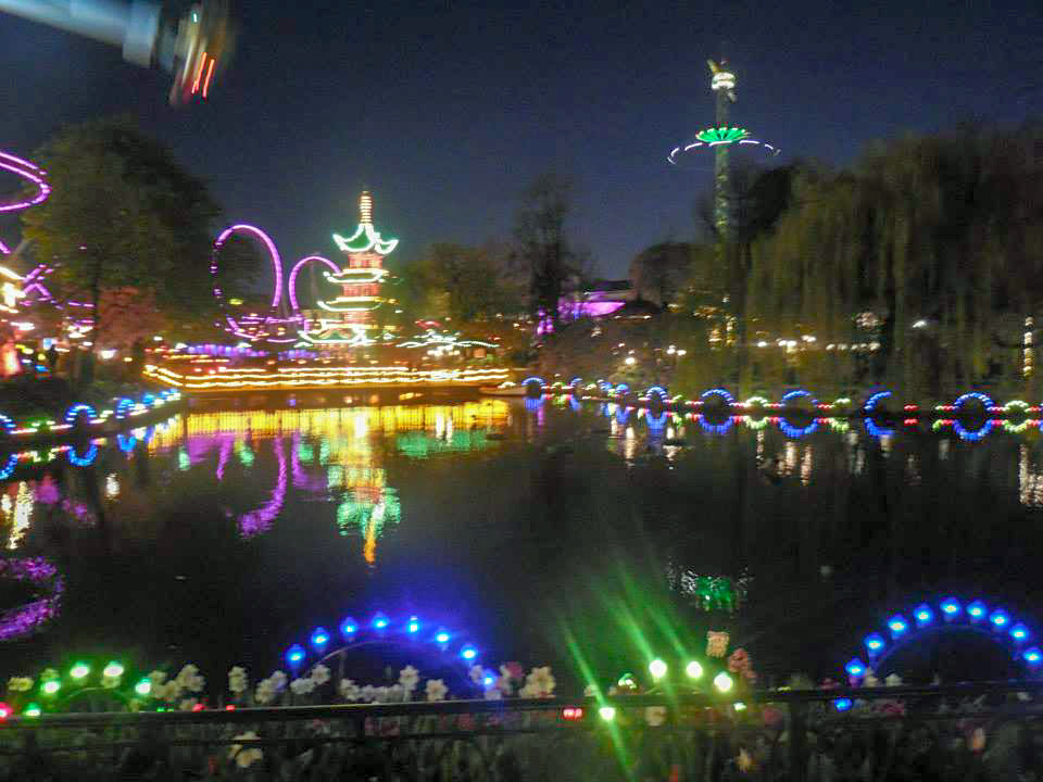 Tivoli Gardens lit up at night in Copenhagen