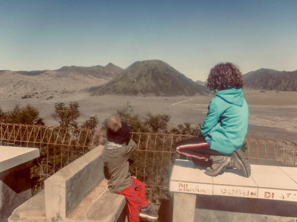 Two Children looking at Mount Bromo in Indonesia