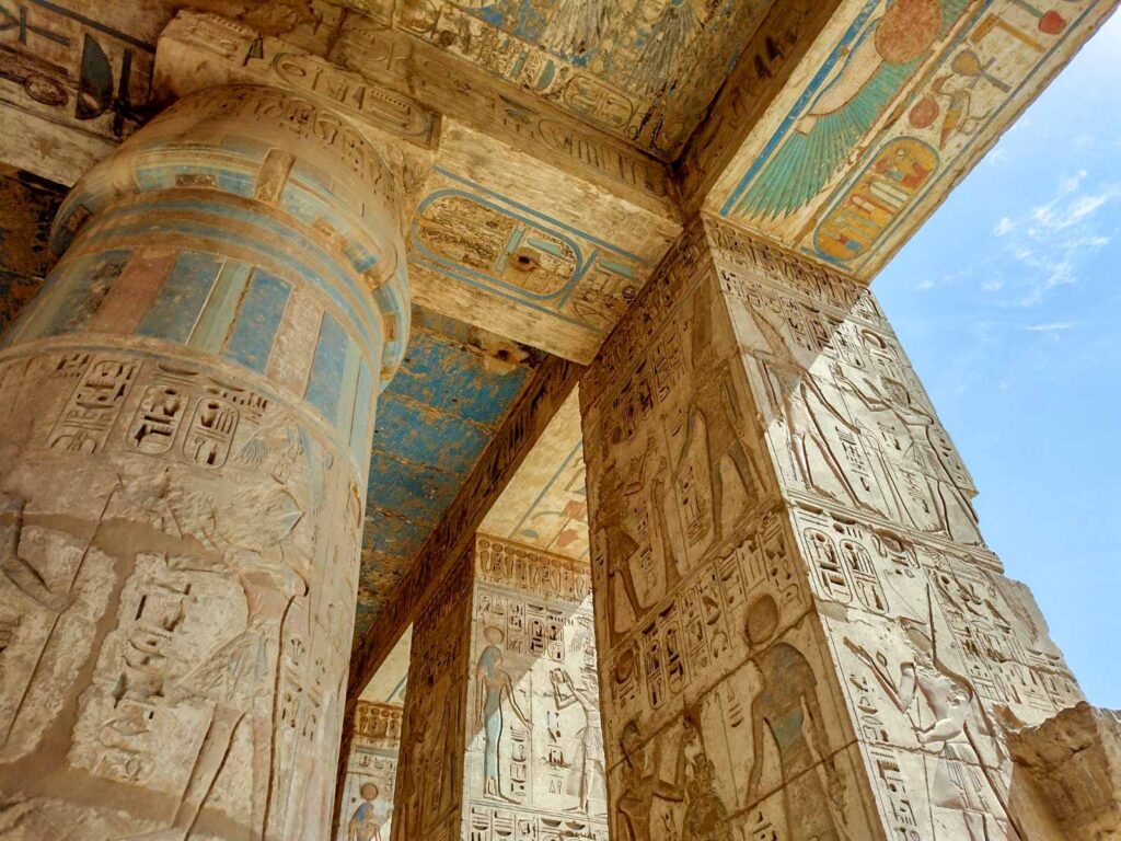 Pillar and Artwork in Habu Temple in Luxor Egypt